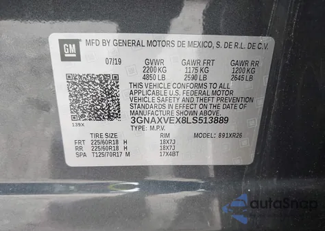 2020 Chevrolet Equinox Awd Lt 2.0L Turbo z USA, uszkodzony, nr VIN 3GNAXVEX8LS513889